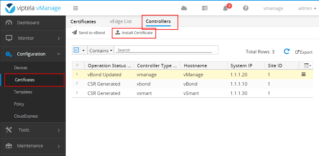 Installing the certificates using vManage GUI