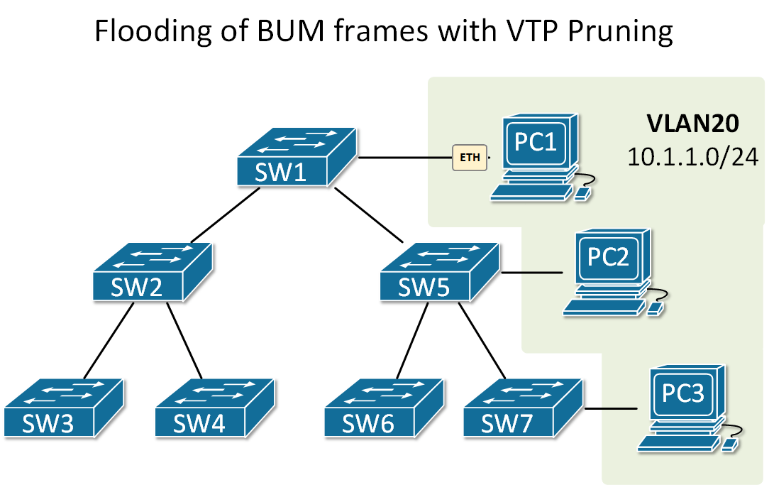 Flooding of BUM frames with VTP Pruning