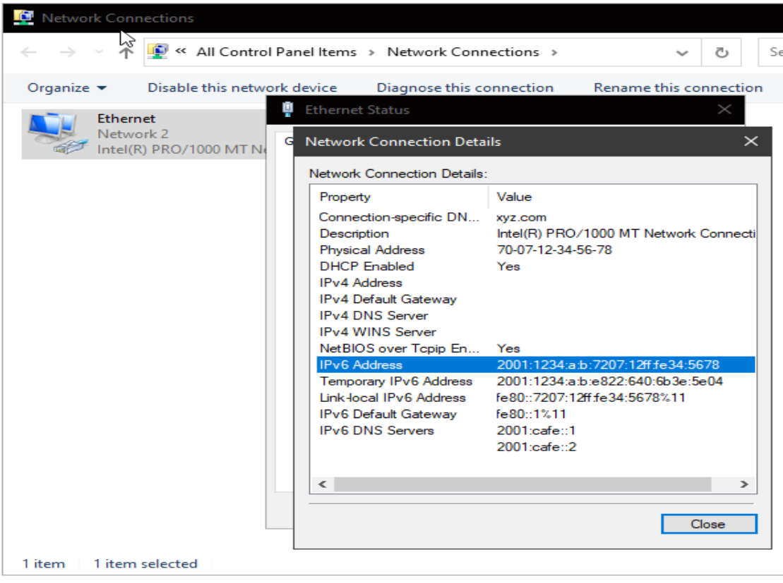 PC1 IPv6 network status