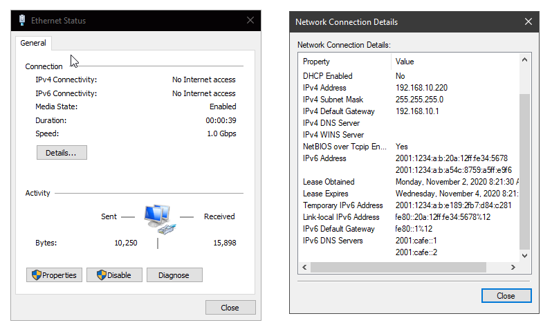 Windows 10 Network Connection Details